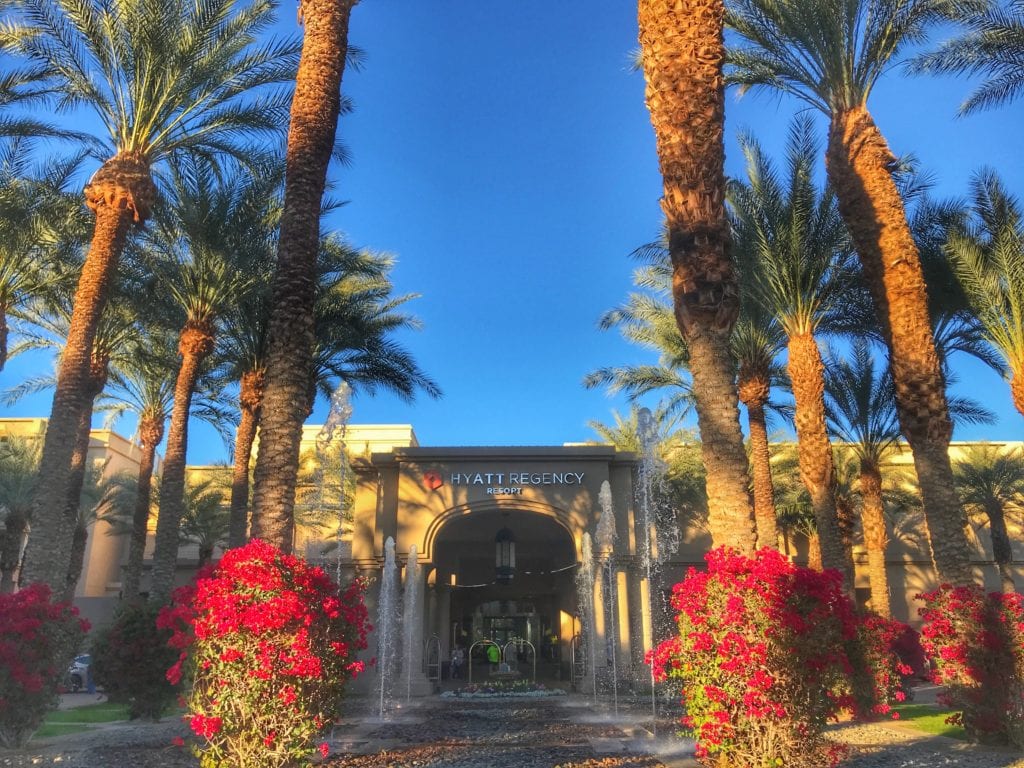 Outside of the entrance into the Hyatt Regency Indian Wells Resort & Spa