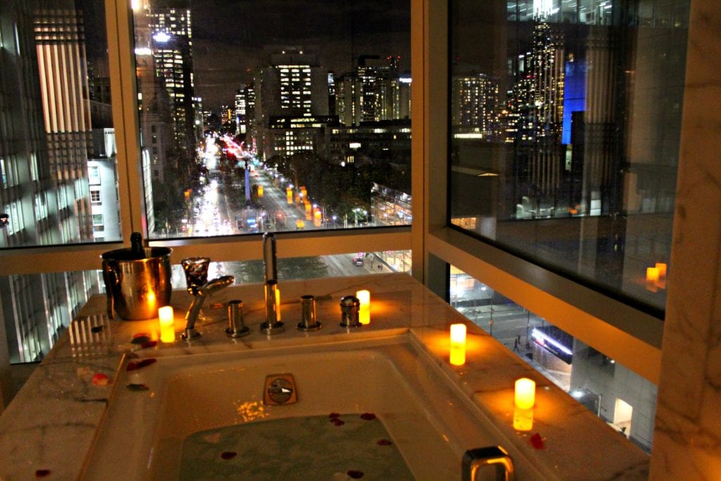 The soaking tub in my suite at the Shangri La Bath Tub in Toronto, Cananda At Night