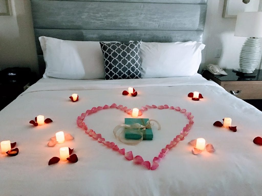 Surprised by the wonderful romantic rose petals decorating our bedroom!